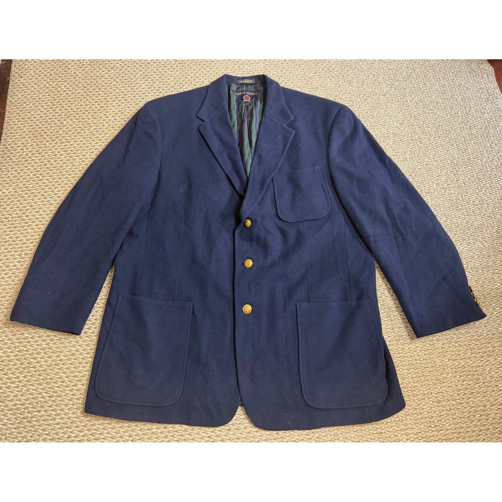 Tommy Hilfiger Vintage Navy Blue Wool 3 Button Blazer Gold Buttons 46L old money